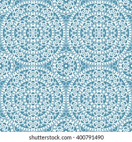 Elegant background with original geometric pattern on a bright blue background. Large and small circles with swirls and dots. Seamless pattern. Vector illustration.