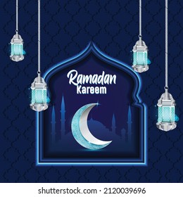 Elegant background for Ramadan Kareem in white and Blue Neon