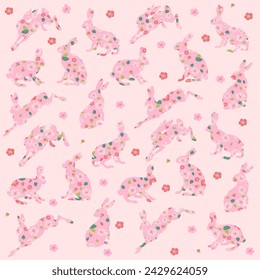 Elegant background seamless pattern with flowers and little rabbits. Perfect for textile, wallpaper or print design,  greetings card, flyers, invitation, poster, brochure, wrapping paper, website.