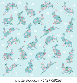 Elegant background seamless pattern with flowers and little rabbits. Perfect for textile, wallpaper or print design,  greetings card, flyers, invitation, poster, brochure, wrapping paper, website.