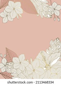 Elegant background with tropical flowers and Plumeria flowers for banners posters and greeting cards. Elegant background design with Lotus and Plumeria flowers. Tropical flowers on a pink background.