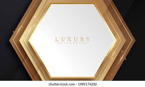 Elegant background white overlapping brown on black color with line golden elements. Realistic luxury paper cut style 3d modern concept. vector illustration for design.