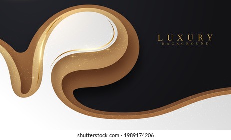 Elegant background white overlapping brown on black color with line golden elements. Realistic luxury paper cut style 3d modern concept. vector illustration for design.