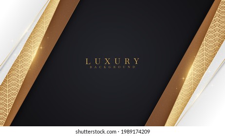 Elegant background white overlapping brown on black color with line golden elements. Realistic luxury paper cut style 3d modern concept. vector illustration for design.