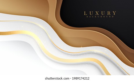 Elegante fondo blanco solapado en color negro con elementos dorados de línea. El papel de lujo realista cortó el concepto moderno estilo 3d. ilustración vectorial para el diseño.