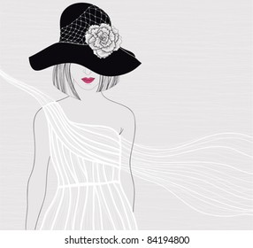 Elegant background with women in beautiful white dress. Female with hat and flower on it. Fashion illustration.