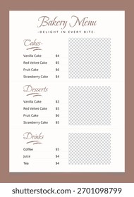 Modelo de Menu de Padaria Elegante - Bolo Imprimível, Sobremesa e Beber Design de Menu