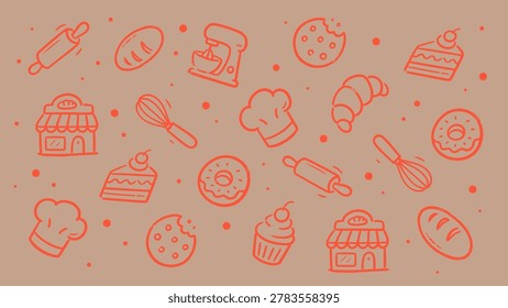 Elegant Bakery Outline Seamless Pattern with Bread, Rolling Pin and Pastry Icons on Beige Background