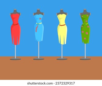 Elegant ball gowns displayed on mannequins. Vector illustration.