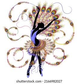 Elegant Ballerina Classical Dancer moving through soft Peacock Feathers, surreal art Illustration isolated on white, created on Vector Graphic Art Technique 