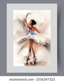 Elegant ballerina dances in beautiful dress and stands on tiptoes on wall art. Watercolor artwork. Print with woman ballerina performing in front of audience, in frame with decor for poster