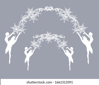 elegant ballerina girl and snowflakes arch decor - ballet dancer decorative vector silhouette