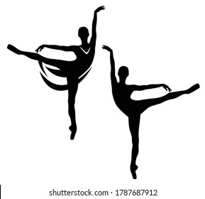 elegant ballerina girl standing in arabesque position on pointe shoes - graceful ballet dancer black and white vector silhouette outline