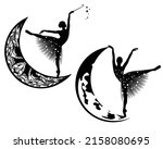 elegant ballerina girl standing on pointe shoe on a crescent moon - night time fairy tale godmother with magic wand vector silhouette