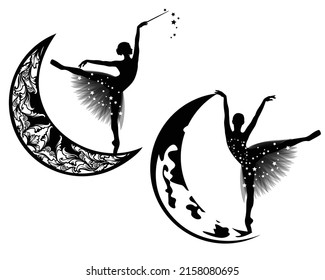 elegant ballerina girl standing on pointe shoe on a crescent moon - night time fairy tale godmother with magic wand vector silhouette