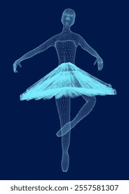 Elegant ballerina in graceful pose blue wireframe. 3D. Vector illustration