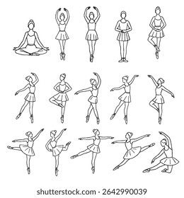 Elegante conjunto de arte de bailarina linha com poses de balé clássico. Vetor de contorno de bailarina desenhado à mão. Desenho de linha de Ballerinas. Ballet dancer line art. Conjunto de dança ballet line art ilustrações