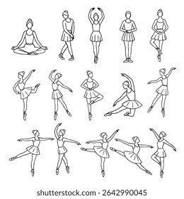 Elegante conjunto de arte de bailarina linha com poses de balé clássico. Vetor de contorno de bailarina desenhado à mão. Desenho de linha de Ballerinas. Ballet dancer line art. Conjunto de dança ballet line art ilustrações