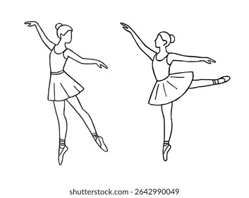 Elegante conjunto de arte de bailarina linha com poses de balé clássico. Vetor de contorno de bailarina desenhado à mão. Desenho de linha de Ballerinas. Ballet dancer line art. Conjunto de dança ballet line art ilustrações