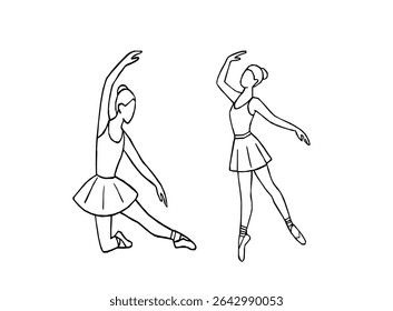 Elegante conjunto de arte de bailarina linha com poses de balé clássico. Vetor de contorno de bailarina desenhado à mão. Desenho de linha de Ballerinas. Ballet dancer line art. Conjunto de dança ballet line art ilustrações