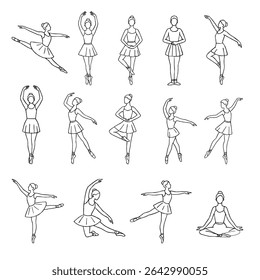 Elegante conjunto de arte de bailarina linha com poses de balé clássico. Vetor de contorno de bailarina desenhado à mão. Desenho de linha de Ballerinas. Ballet dancer line art. Conjunto de dança ballet line art ilustrações