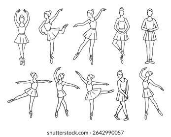 Elegante conjunto de arte de bailarina linha com poses de balé clássico. Vetor de contorno de bailarina desenhado à mão. Desenho de linha de Ballerinas. Ballet dancer line art. Conjunto de dança ballet line art ilustrações