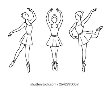 Elegante conjunto de arte de bailarina linha com poses de balé clássico. Vetor de contorno de bailarina desenhado à mão. Desenho de linha de Ballerinas. Ballet dancer line art. Conjunto de dança ballet line art ilustrações