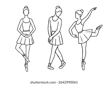 Elegante conjunto de arte de bailarina linha com poses de balé clássico. Vetor de contorno de bailarina desenhado à mão. Desenho de linha de Ballerinas. Ballet dancer line art. Conjunto de dança ballet line art ilustrações