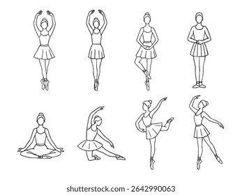 Elegante conjunto de arte de bailarina linha com poses de balé clássico. Vetor de contorno de bailarina desenhado à mão. Desenho de linha de Ballerinas. Ballet dancer line art. Conjunto de dança ballet line art ilustrações