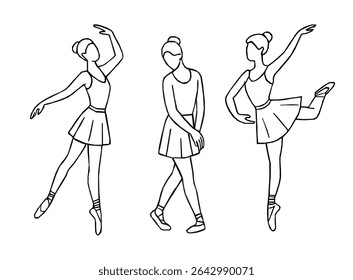 Elegant ballerina line art set featuring classical ballet poses. Hand drawn ballerina outline vector. Line drawing of Ballerinas. Ballet dancer line art. Set of dance ballet line art illustrations