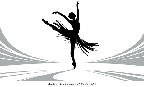 Elegant ballerina performing a graceful dance pose with flowing skirt and artistic background silhouette