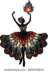 Elegant Ballerina Silhouette with Peacock Feather Dress and Flame