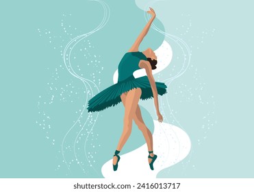 Elegant ballerina, woman dancer in a flying pose. Illustration, vector