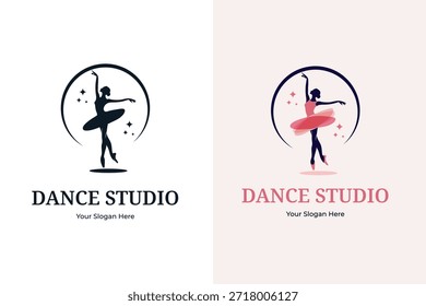 elegant ballet dance studio logo with ballerina silhouette vector design illustration