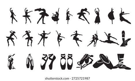 Elegante Balletttänzerin Silhouetten mit verschiedenen anmutigen Posen und spitzen Schuhen