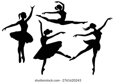 Elegant ballet dancers vector. Ballet dancer silhouette. Ballerina silhouettes in various dance poses. Classical ballerina dancer icon. Vector illustration.
