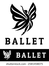 Elegant ballet logo design featuring a graceful dancer with butterfly wings, symbolizing creativity, movement, harmony, and artistry