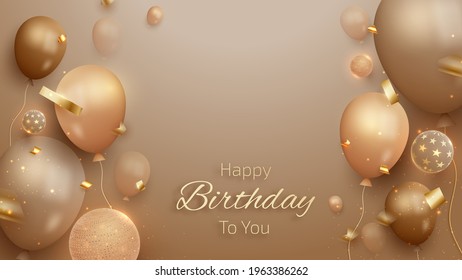 Elegant balloons and ribbon on brown shade. Birthday card background 3d realistic luxury style. Illustration from vector about modern template design for happy and feeling glad sweet.