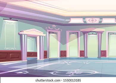 Elegante salón de baile en palacio, fondo vectorial de caricatura. Interior clásico vacío de galería de museos con luminosas lámparas en nichos de pared, suelo brillante y puerta abierta a otra habitación