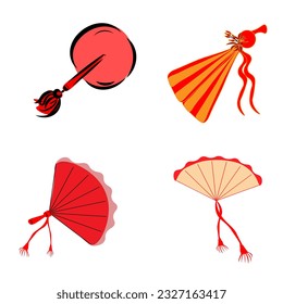 Elegant bamboo and brightly colored wabi paper umbrella , fan painted with sakura branches, washi paper, lantern with a candle inside, a traditional Japanese summer accessory.Oriental style sumie.