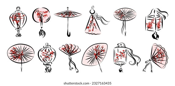 Elegant bamboo and brightly colored wabi paper umbrella , fan painted with sakura branches, washi paper, lantern with a candle inside, a traditional Japanese summer accessory.Oriental style sumie.