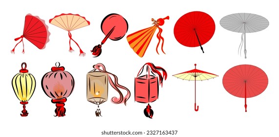 Elegant bamboo and brightly colored wabi paper umbrella , fan painted with sakura branches, washi paper, lantern with a candle inside, a traditional Japanese summer accessory.Oriental style sumie.