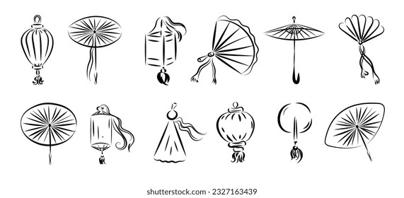 Elegant bamboo and brightly colored wabi paper umbrella , fan painted with sakura branches, washi paper, lantern with a candle inside, a traditional Japanese summer accessory.Oriental style sumie.