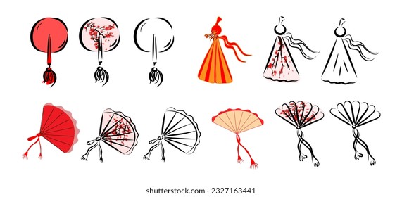 Elegant bamboo and brightly colored wabi paper umbrella , fan painted with sakura branches, washi paper, lantern with a candle inside, a traditional Japanese summer accessory.Oriental style sumie.