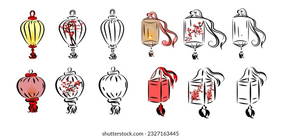 Elegant bamboo and brightly colored wabi paper umbrella , fan painted with sakura branches, washi paper, lantern with a candle inside, a traditional Japanese summer accessory.Oriental style sumie.