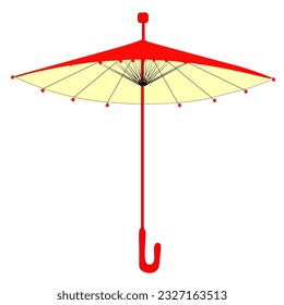 Elegant bamboo and brightly colored wabi paper umbrella , fan painted with sakura branches, washi paper, lantern with a candle inside, a traditional Japanese summer accessory.Oriental style sumie.