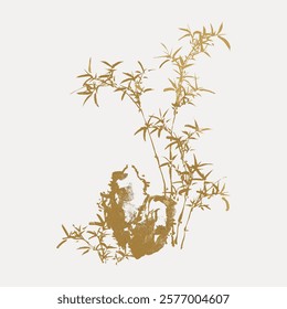 Elegant bamboo illustration in gold on a light background. Bamboo leaves and stems create a serene, natural design. Perfect for nature-themed decor. Vintage botanical illustration isolated, vector.