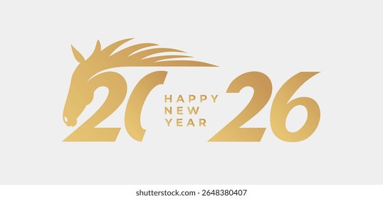An elegant banner 2026 greeting design features a golden horse symbolizing the Chinese zodiac. Celebrating the Year of the Horse, it reflects Asian tradition and the New Year spirit in China and Asia.