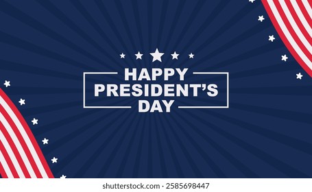 Elegant banner celebrating President's Day with a patriotic American theme. Features elements like the American flag, stars, and historical motifs, ideal for holiday.