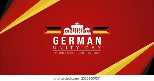 Elegant Banner of German Unity Day 3rd October 2024 Anniversary with Brandenburg Gate Silhouette on Red Gradient Background. German Unification Vector Illustration and Background